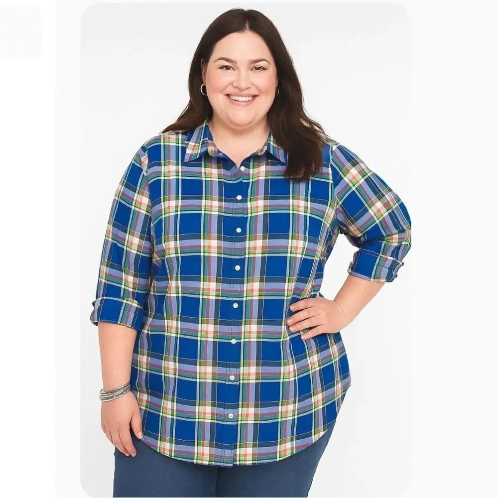 Talbots 100% Cotton Plaid Button Up Shirt Long Sleeve Plus Size 3X Blue Green